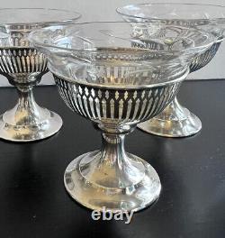 8 International Silver Co Sterling Silver Desert Cups Etched Crystal Inserts