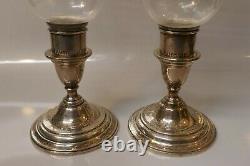 Pair of International Weighted Sterling Hurricane Candle Holders With Cut Crystal
